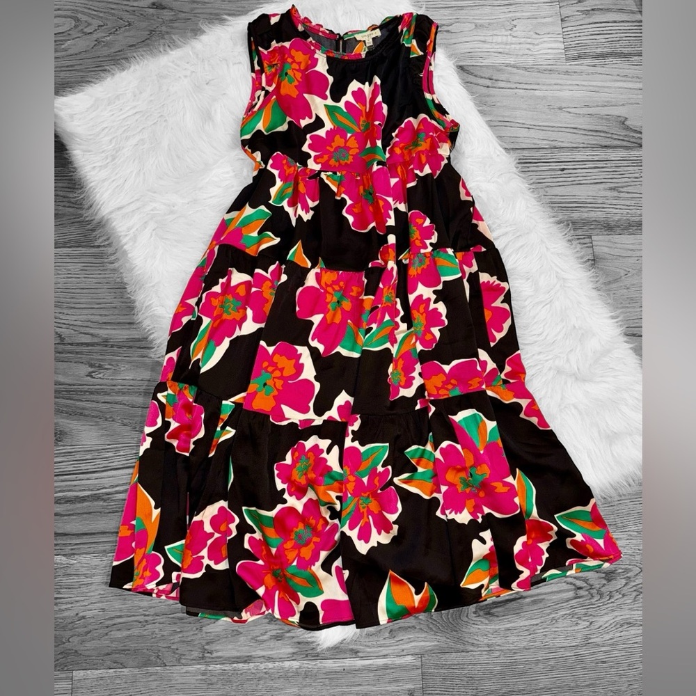Umgee Black Dress with Pink and Orange Floral Pattern
